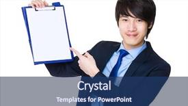  Presentation with page - Audience pleasing slide deck consisting of asian businessman show with the blank page of clipboard backdrop and a ocean colored foreground