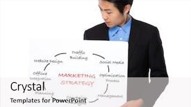  Presentation with marketing strategy - Slide set enhanced with asian businessman showing a placard showing with marketing strategy concept background and a sky blue colored foreground