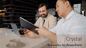  Presentation with asian - PPT theme enhanced with asian-businessman-showing-documents background and a coral colored foreground