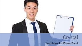  Presentation with page - Presentation design with asian businessman showing with the blank page of clipboard background and a light blue colored foreground