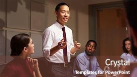  Presentation with asian - Theme with asian businessman standing to address background and a tawny brown colored foreground