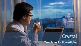  Presentation with pen laptop coffee cup clips - Presentation theme with asian businessman take a cup background and a ocean colored foreground