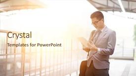  Presentation with using digital tablet - PPT theme consisting of asian businessman using digital tablet background and a cream colored foreground