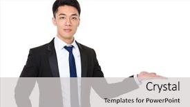  Presentation with asian - Slide deck enhanced with asian businessman with hand showing background and a  colored foreground