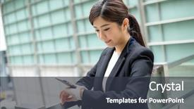  Presentation with connecting - PPT layouts enhanced with asian businesswoman connecting cellphone and smart watch background and a tawny brown colored foreground
