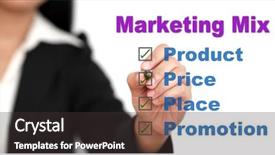  Presentation with marketing mix loyalty - Presentation theme having asian businesswoman doing marketing mix background and a dark gray colored foreground