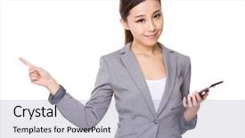  Presentation with hands holding black tablet - Slide set with book introduce - asian businesswoman hold a tablet background and a light gray colored foreground