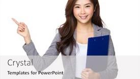  Presentation with finger point - Cool new slide deck with asian businesswoman hold with clipboard and finger point up backdrop and a white colored foreground