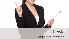  Presentation with finger point - Cool new PPT theme with asian businesswoman hold with clipboard and finger point up backdrop and a light gray colored foreground
