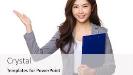  Presentation with hold hand - Slide deck featuring asian businesswoman hold with clipboard and open hand palm background and a white colored foreground