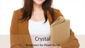  Presentation with asian - Slide deck featuring asian businesswoman hold with folder pad background and a coral colored foreground