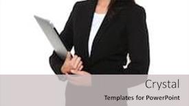  Presentation with notebook - PPT theme enhanced with asian-businesswoman-hold-with-notebook background and a light gray colored foreground