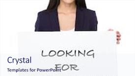  Presentation with part time job - Colorful presentation design enhanced with asian businesswoman holding a poster showing with looking for part-time job phrases backdrop and a sky blue colored foreground