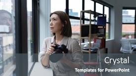  Presentation with social distancing - Colorful theme enhanced with asian-businesswoman-holding-camera-looking backdrop and a gray colored foreground