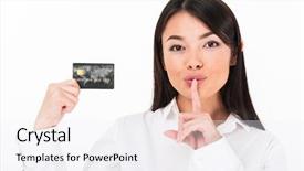  Presentation with wind energy close up portrait - Presentation design enhanced with asian businesswoman holding credit card background and a sky blue colored foreground