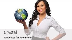  Presentation with asian - Presentation theme featuring asian businesswoman holding the earth background and a light gray colored foreground
