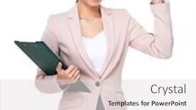  Presentation with finger point - Colorful presentation theme enhanced with asian businesswoman holding with clipboard and finger point up backdrop and a light gray colored foreground