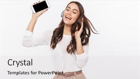  Presentation with asian music - Presentation theme consisting of asian businesswoman listening to music background and a light gray colored foreground