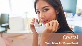  Presentation with covid - Colorful presentation theme enhanced with asian-businesswoman-puts-on-face backdrop and a coral colored foreground