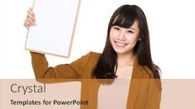  Presentation with page - Cool new PPT layouts with asian businesswoman show with the blank page of clipboard backdrop and a gold colored foreground