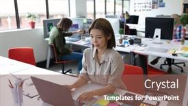 Presentation with social distancing - Amazing PPT layouts having asian-businesswoman-sitting-at-desk backdrop and a violet colored foreground