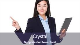  Presentation with finger - Colorful presentation design enhanced with asian businesswoman use of tablet and finger pointing up backdrop and a tawny brown colored foreground