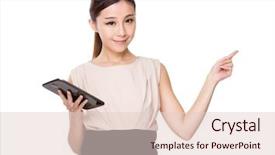  Presentation with finger point - Cool new PPT theme with asian businesswoman use of tablet and finger point up backdrop and a lemonade colored foreground