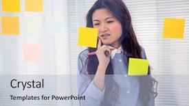  Presentation with sticky notes - Cool new slides with asian businesswoman using sticky notes on wall in office backdrop and a light blue colored foreground