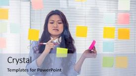  Presentation with sticky notes - Beautiful PPT layouts featuring asian businesswoman using sticky notes on wall in office backdrop and a light blue colored foreground
