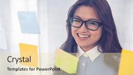  Presentation with sticky notes - PPT theme having asian businesswoman using sticky notes on wall in office background and a blonde colored foreground