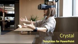  Presentation with virtual workplace - Audience pleasing slide deck consisting of asian-businesswoman-wearing-virtual-reality backdrop and a tawny brown colored foreground