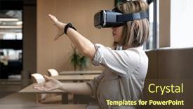  Presentation with virtual workplace - Presentation design consisting of asian-businesswoman-wearing-virtual-reality background and a tawny brown colored foreground
