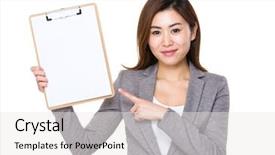  Presentation with finger point - Presentation theme consisting of asian businesswoman with finger point to clipboard background and a sky blue colored foreground