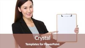  Presentation with finger point - Beautiful presentation design featuring asian businesswoman with finger point to blank page of clipboard backdrop and a coral colored foreground