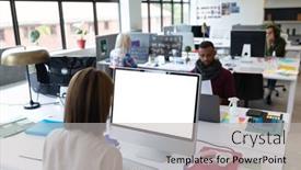  Presentation with woman office desk - Slide set with asian-businesswoman-working-in-creative background and a light gray colored foreground