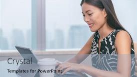  Presentation with remote working - Beautiful slide deck featuring asian businesswoman working typing on laptop computer writing online at office desk freelance remote worker writer at home or customer service support business woman lifestyle by window backdrop and a light blue colored foreground