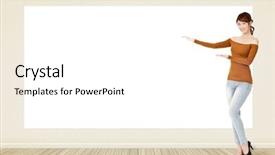  Presentation with asian - PPT theme consisting of asian casual smiling woman standing and showing blank white banner board placard or poster copy-space for advertise background and a white colored foreground