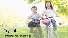 Presentation with bicycles - Presentation theme having asian children - brother and sister outdoors background and a mint green colored foreground