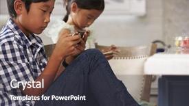  Presentation with mobile games - Audience pleasing slide deck consisting of asian children playing games on mobile devices in kitchen backdrop and a dark gray colored foreground