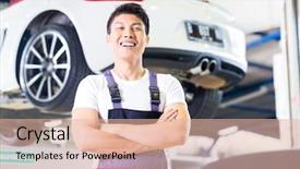  Presentation with luxury car - Colorful PPT theme enhanced with asian chinese car mechanic standing backdrop and a lemonade colored foreground