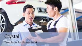  Presentation with maintenance - Beautiful slides featuring asian chinese car mechanic with customer going through the maintenance checklist backdrop and a light blue colored foreground