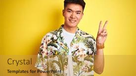  Presentation with summer holiday - Cool new PPT layouts with asian chinese man on holiday wearing summer shirt over isolated yellow background smiling with happy face winking at the camera doing victory sign number two backdrop and a gold colored foreground
