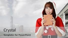  Presentation with asia - Presentation theme with asian christmas woman holding gift in hong kong asia background and a light gray colored foreground