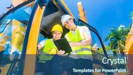  Presentation with building construction - PPT theme with asian construction machinery driver discussing background and a ocean colored foreground
