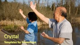 Presentation with senior asian - Colorful PPT layouts enhanced with asian couple doing tai-chi backdrop and a tawny brown colored foreground