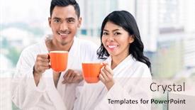  Presentation with city - PPT theme having asian couple in morning front of city skyline drinking coffee still in bathrobe background and a lemonade colored foreground