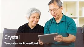  Presentation with elderly asian - Colorful slide set enhanced with asian couple looking at tablet backdrop and a tawny brown colored foreground