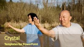  Presentation with senior asian - Slide set featuring asian couple practicing tai-chi background and a tawny brown colored foreground