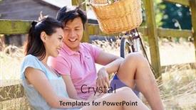  Presentation with old couple - PPT theme enhanced with asian couple resting by fence with old fashioned cycle background and a coral colored foreground