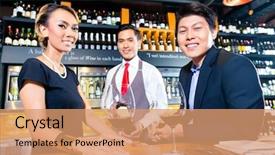  Presentation with wine tasting - Audience pleasing presentation theme consisting of asian couple tasting red wine in wine shope backdrop and a coral colored foreground